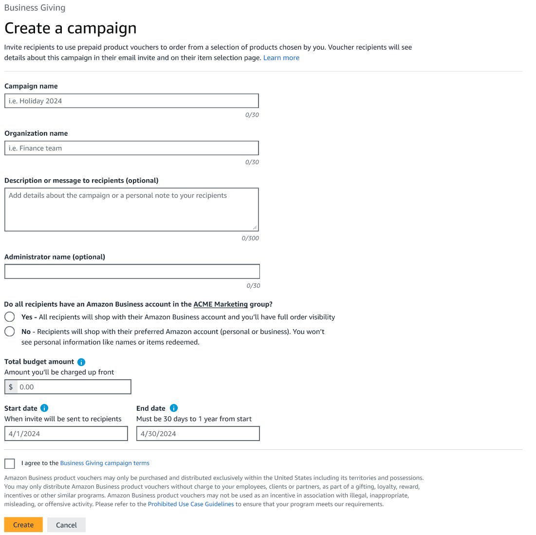 Screenshot of business giving interface